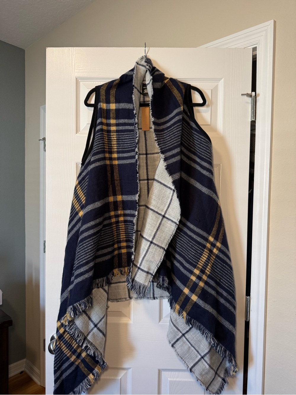 Steve Madden Navy Plaid Draped Vest with Mustard Accents